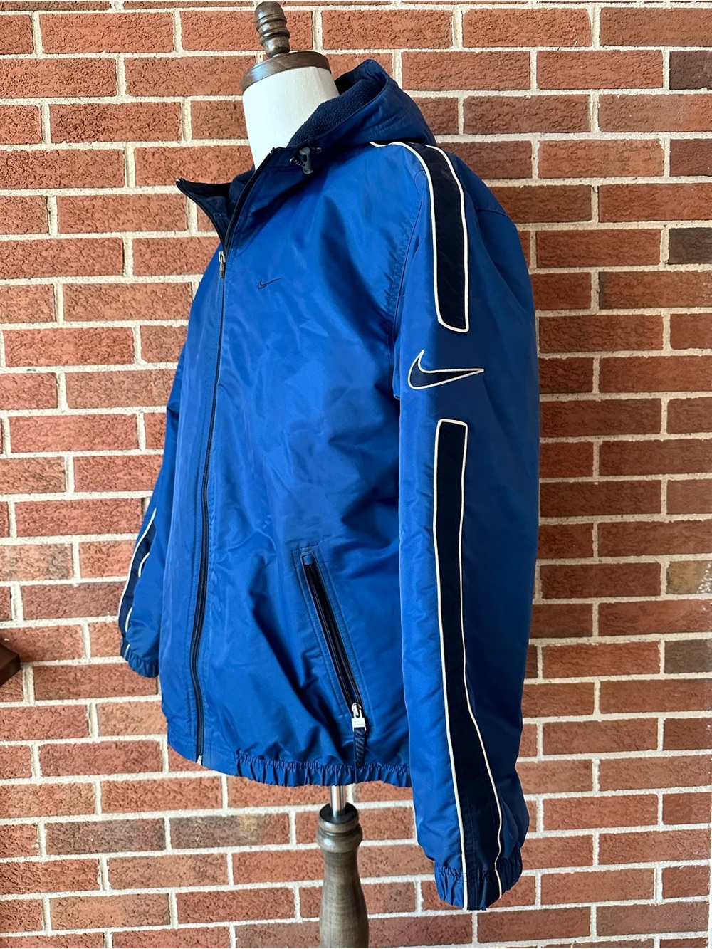 Vintage Nike Y2K Hooded Jacket Blue Fleece Lined Big Sleeve Swoosh Mens M